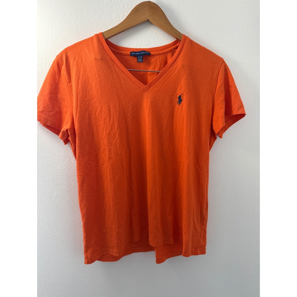 Ralph Lauren Orange V Neck Navy Pony Size XL 100% Cotton Short Sleeve Preppy